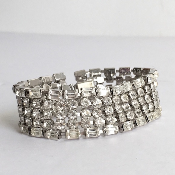 Vintage Rhinestone Bracelet Wide Runway Piece Festive Holiday Cocktail Party - Picture 7 of 9